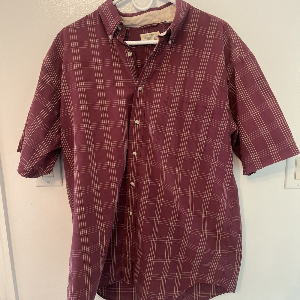 Vintage St Johns Bay Plaid Button Up Shirt Burgundy Red Large Short Sleeve